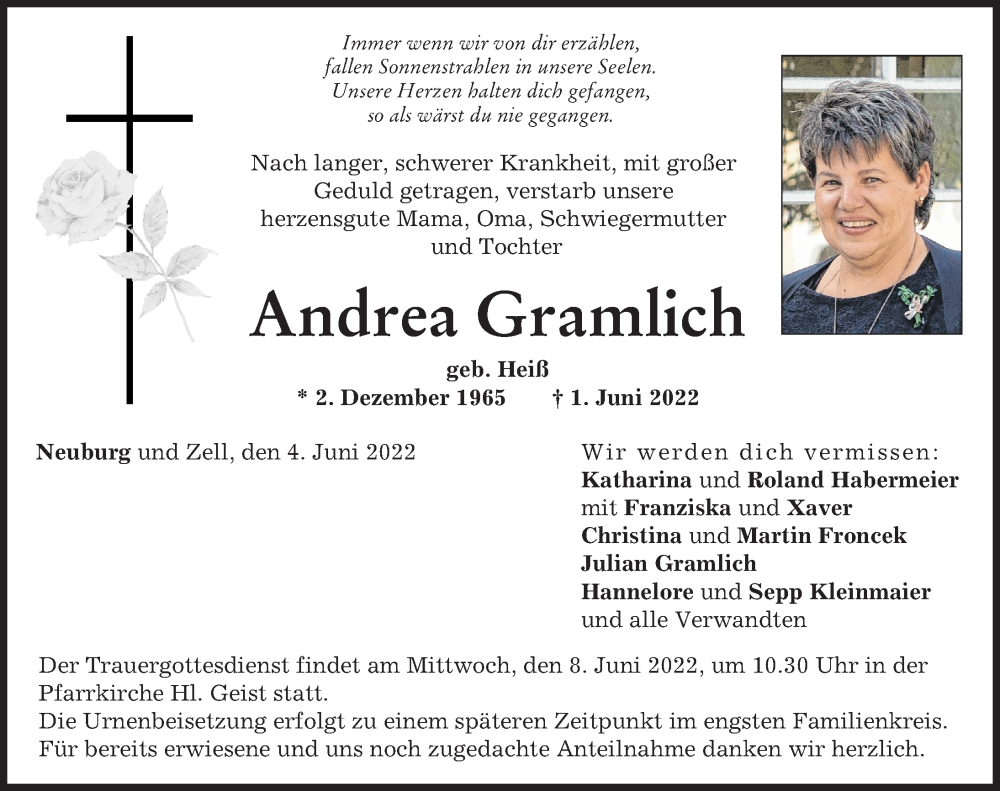  Traueranzeige für Andrea Gramlich vom 04.06.2022 aus Neuburger Rundschau