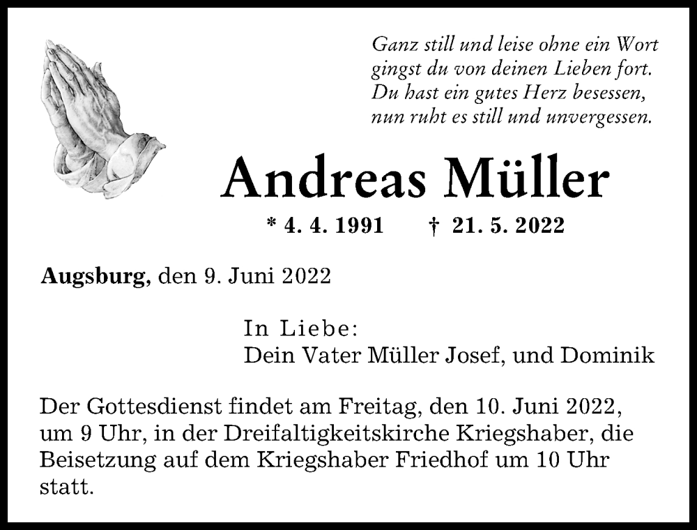 Traueranzeige von Andreas Müller von Augsburger Allgemeine
