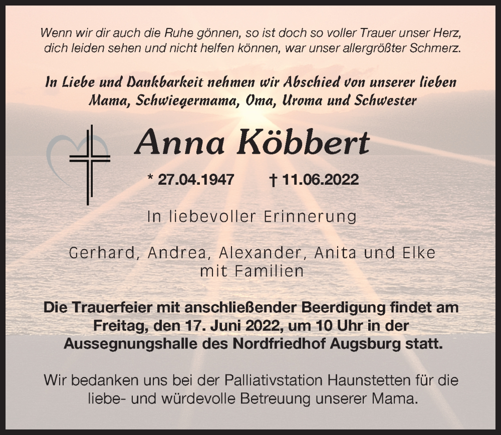 Traueranzeige von Anna Köbbert von Augsburger Allgemeine