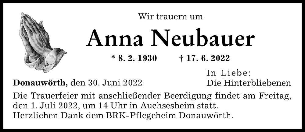 Traueranzeige von Anna Neubauer von Donauwörther Zeitung