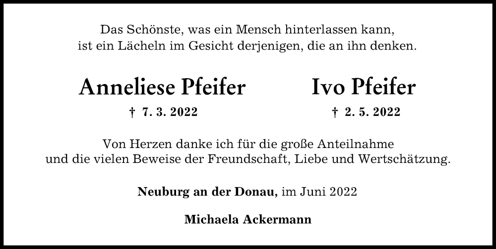 Traueranzeige für Anneliese Pfeifer vom 04.06.2022 aus Neuburger Rundschau