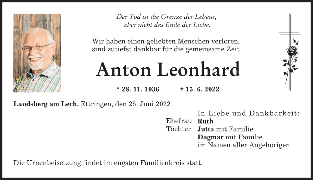  Traueranzeige für Anton Leonhard vom 25.06.2022 aus Landsberger Tagblatt
