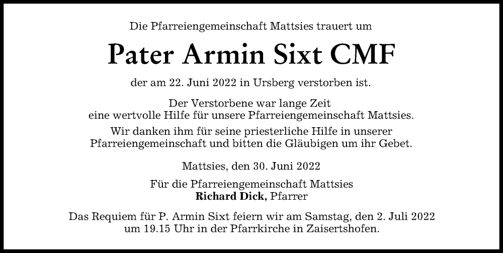  Traueranzeige für Armin Sixt vom 30.06.2022 aus Mindelheimer Zeitung