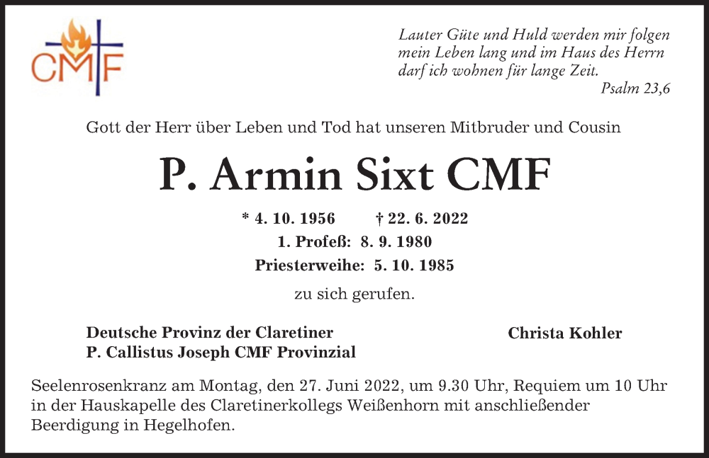  Traueranzeige für Armin Sixt vom 24.06.2022 aus Mindelheimer Zeitung, Neu-Ulmer Zeitung