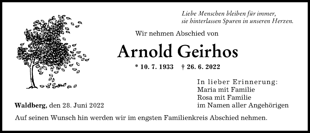  Traueranzeige für Arnold Geirhos vom 28.06.2022 aus Schwabmünchner Allgemeine