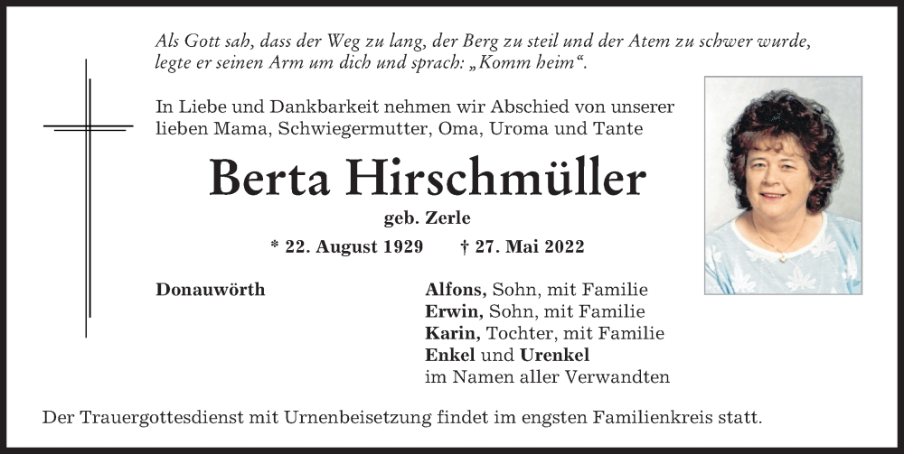 Traueranzeige von Berta Hirschmüller von Donauwörther Zeitung