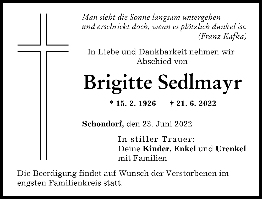  Traueranzeige für Brigitte Sedlmayr vom 23.06.2022 aus Landsberger Tagblatt