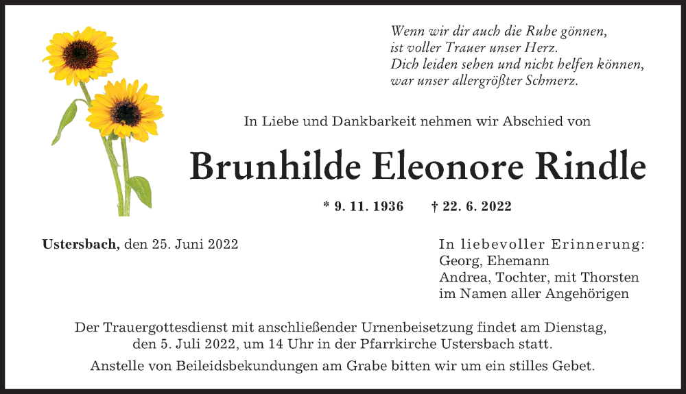  Traueranzeige für Brunhilde Eleonore Rindle vom 25.06.2022 aus Augsburg-Land