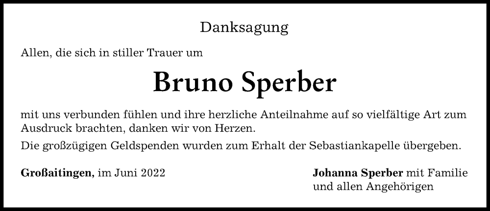 Traueranzeige von Bruno Sperber von Schwabmünchner Allgemeine