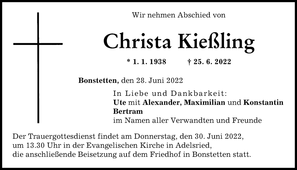 Traueranzeige von Christa Kießling von Augsburger Allgemeine