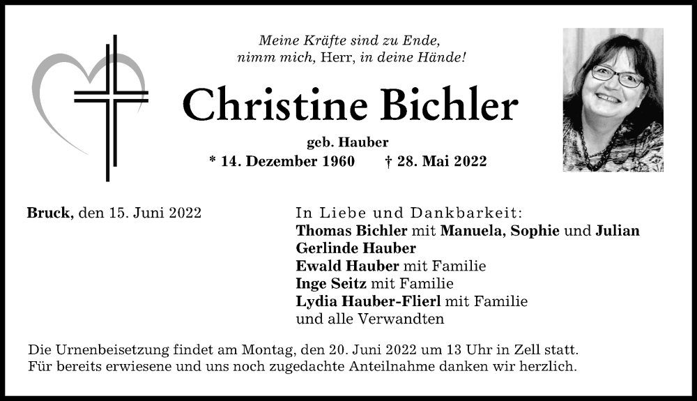  Traueranzeige für Christine Bichler vom 15.06.2022 aus Neuburger Rundschau