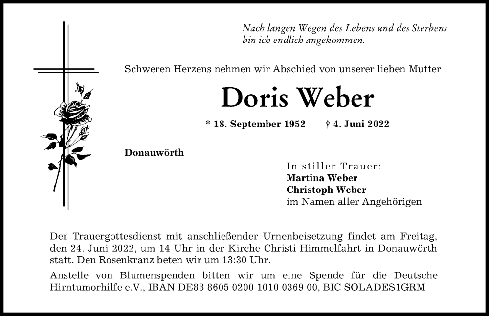 Traueranzeige von Doris Weber von Donauwörther Zeitung