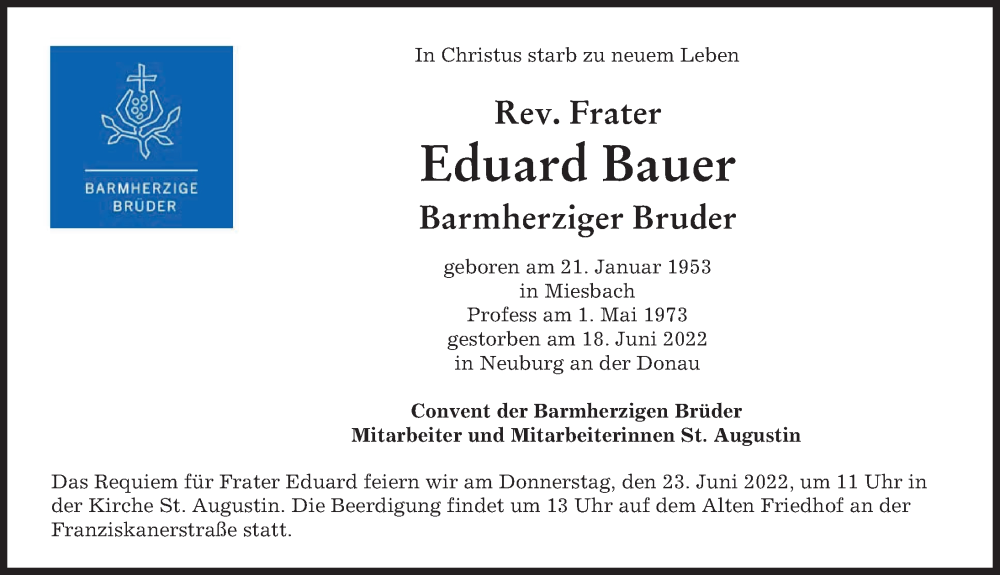  Traueranzeige für Eduard Bauer vom 21.06.2022 aus Neuburger Rundschau