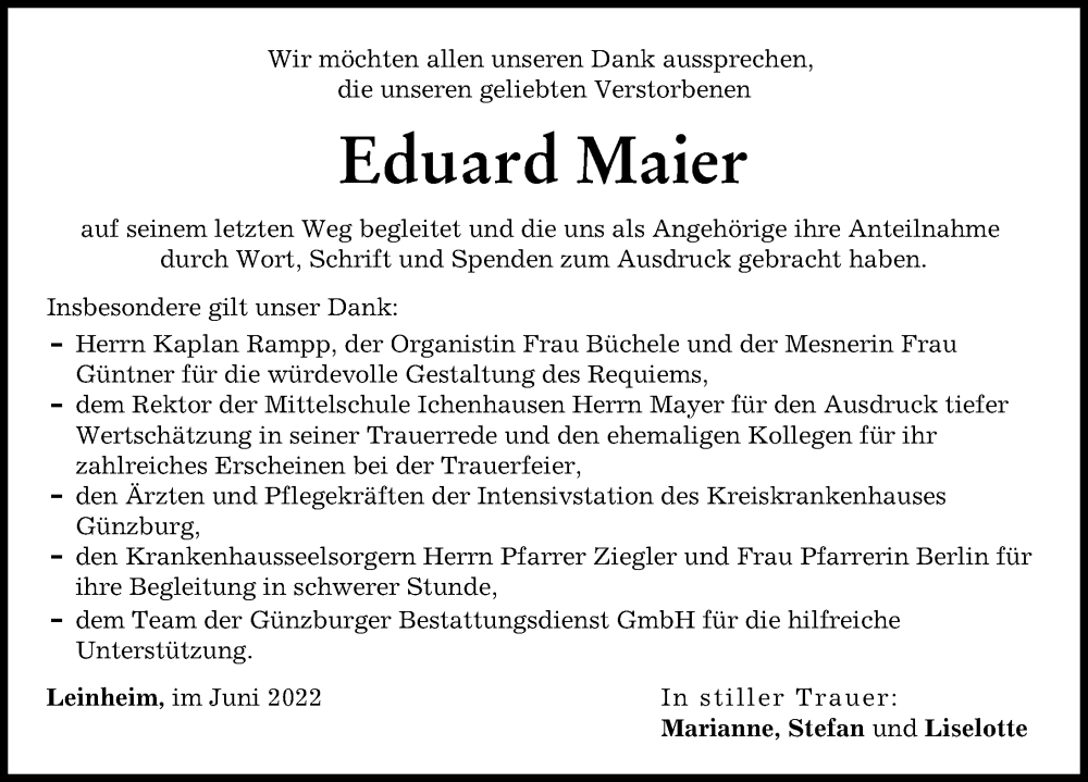 Traueranzeige von Eduard Maier von Günzburger Zeitung