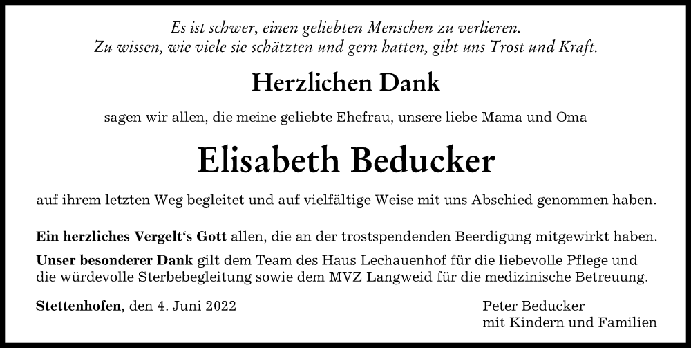  Traueranzeige für Elisabeth Beducker vom 04.06.2022 aus Augsburger Allgemeine