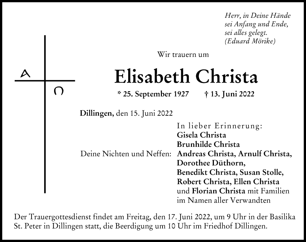 Traueranzeige von Elisabeth Christa von Donau Zeitung