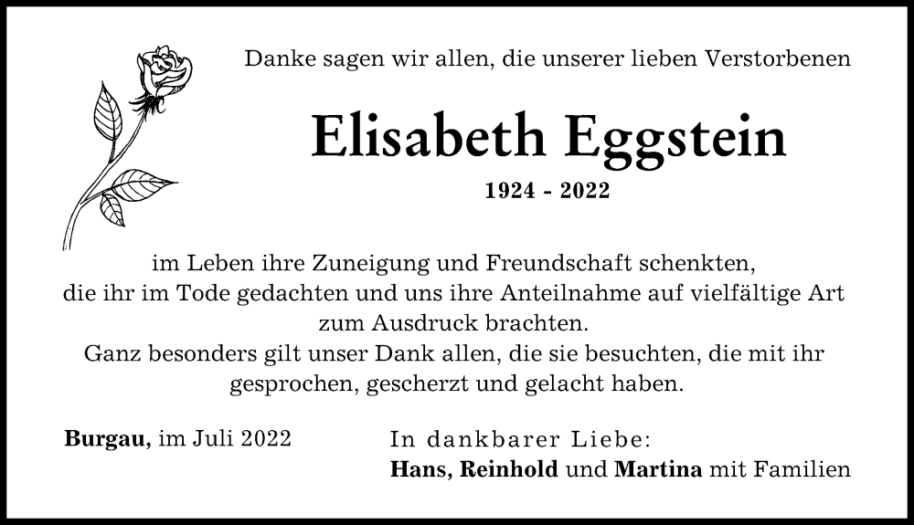  Traueranzeige für Elisabeth Eggstein vom 01.07.2022 aus Günzburger Zeitung