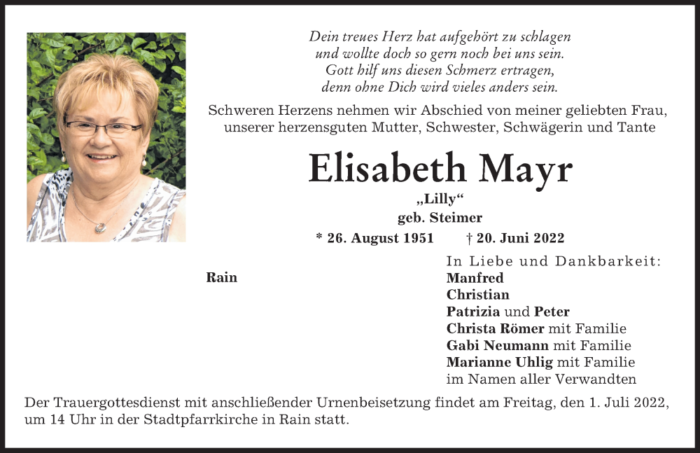 Traueranzeige von Elisabeth Mayr von Donauwörther Zeitung