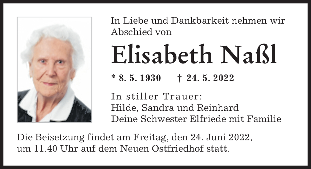 Traueranzeige von Elisabeth Naßl von Augsburger Allgemeine
