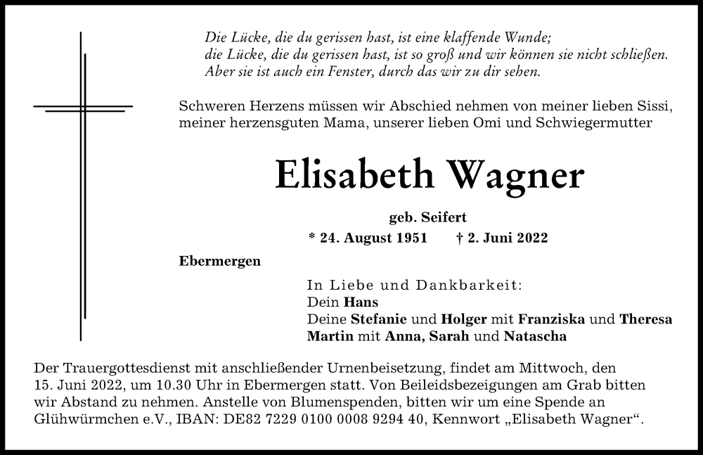 Traueranzeige von Elisabeth Wagner von Donauwörther Zeitung