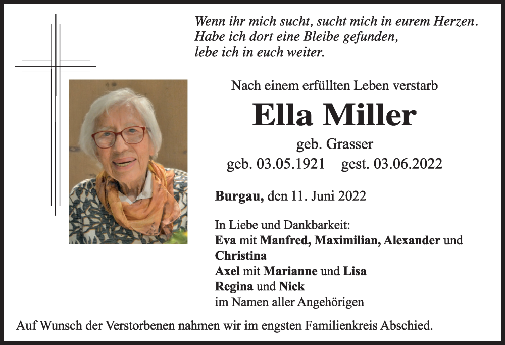 Traueranzeige von Ella Miller von Günzburger Zeitung