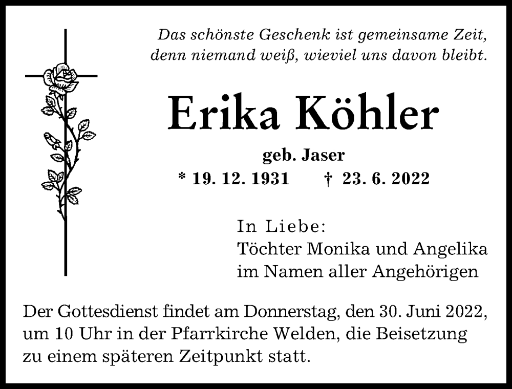  Traueranzeige für Erika Köhler vom 25.06.2022 aus Augsburger Allgemeine
