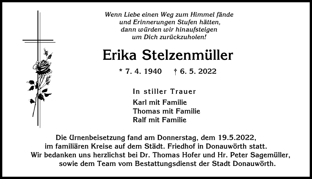 Traueranzeige von Erika Stelzenmüller von Donauwörther Zeitung