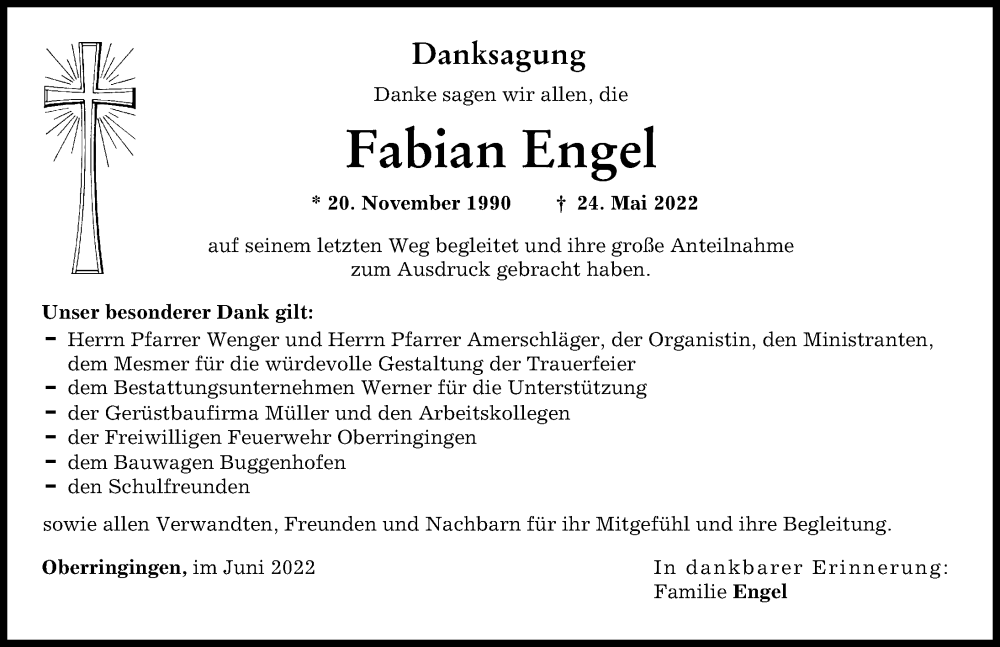  Traueranzeige für Fabian Engel vom 25.06.2022 aus Rieser Nachrichten, Donau Zeitung