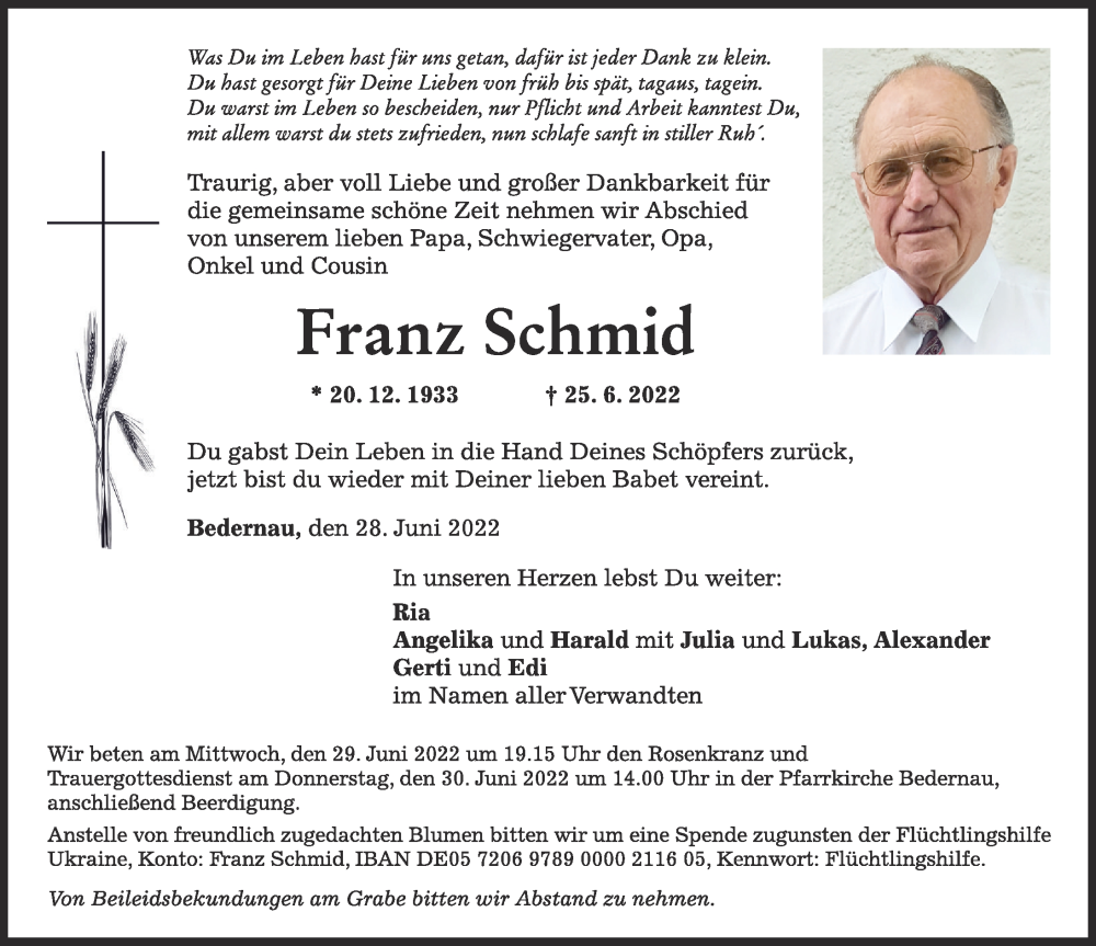  Traueranzeige für Franz Schmid vom 28.06.2022 aus Mindelheimer Zeitung