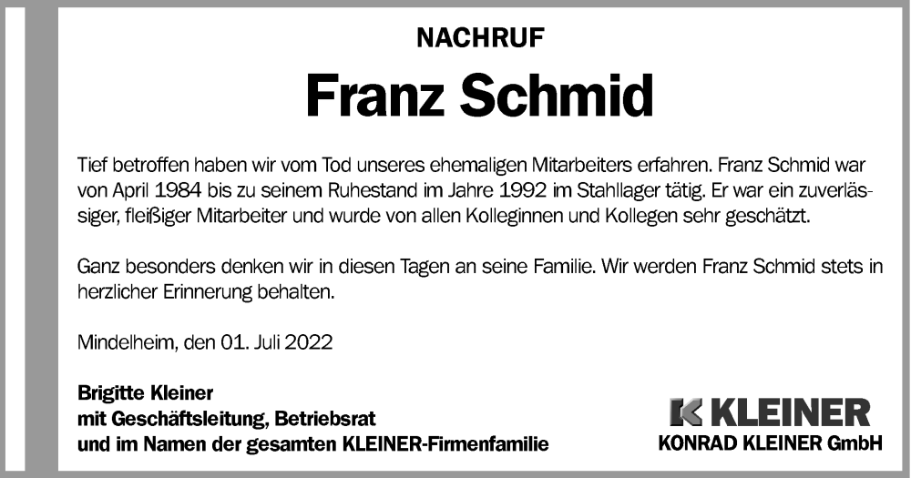  Traueranzeige für Franz Schmid vom 01.07.2022 aus Mindelheimer Zeitung