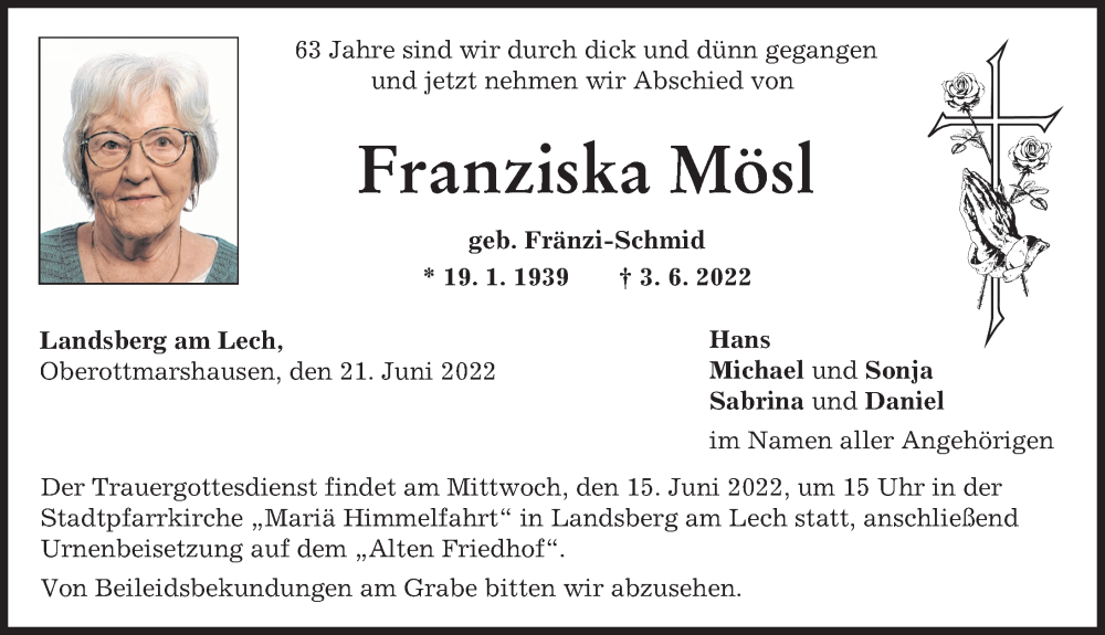 Traueranzeige von Franziska Mösl von Landsberger Tagblatt