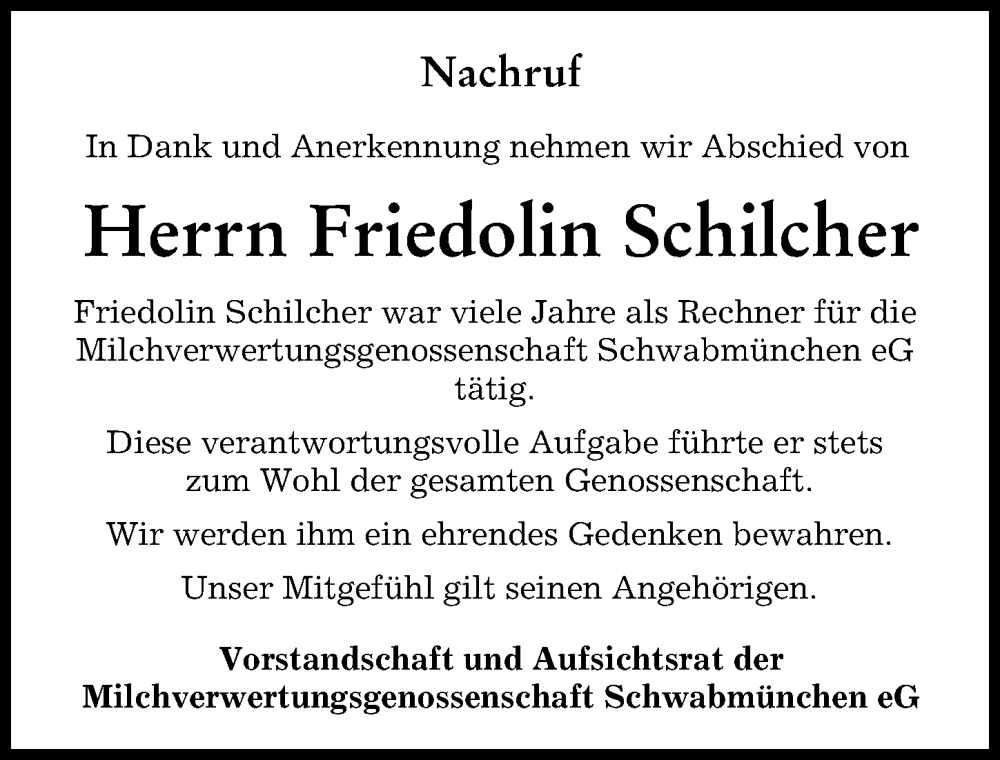 Traueranzeige von Friedolin Schilcher von Schwabmünchner Allgemeine