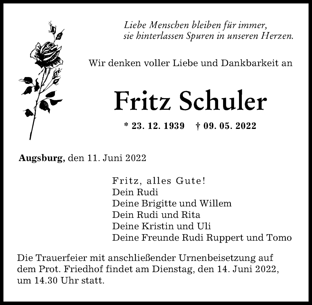 Traueranzeige von Fritz Schuler von Augsburger Allgemeine