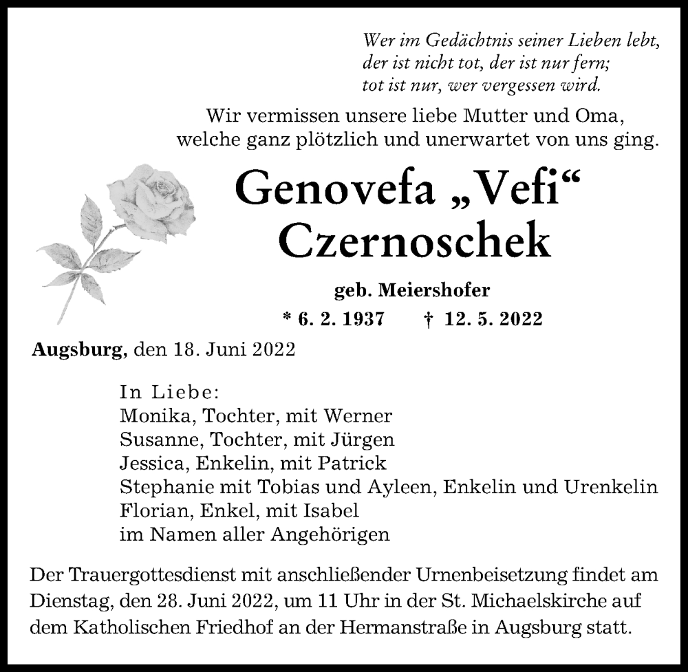 Traueranzeige von Genovefa Czernoschek von Donauwörther Zeitung, Augsburger Allgemeine