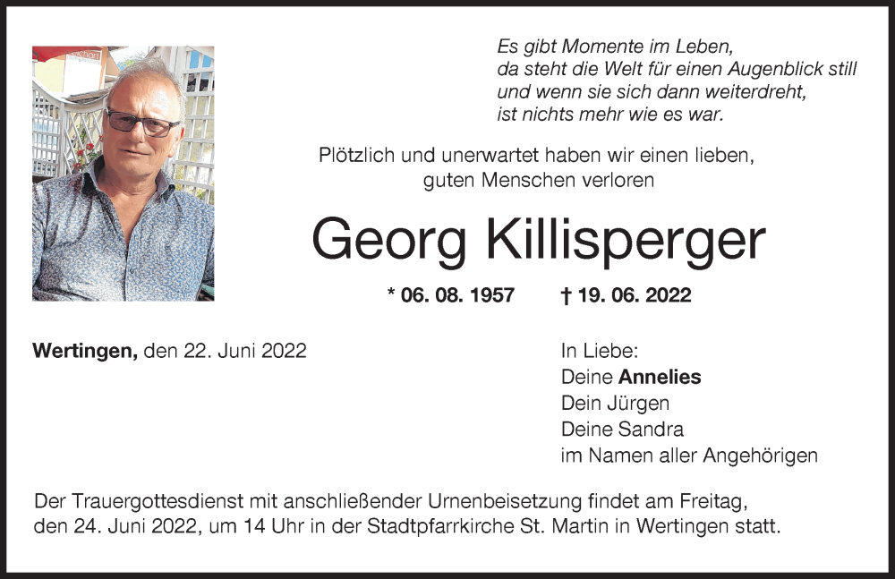 Traueranzeige von Georg Killisperger von Wertinger Zeitung