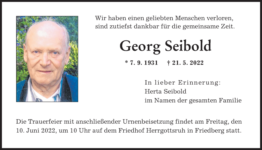 Traueranzeige von Georg Seibold von Augsburger Allgemeine