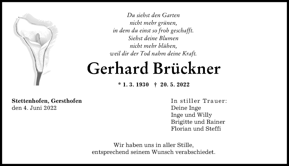 Traueranzeige von Gerhard Brückner von Augsburger Allgemeine