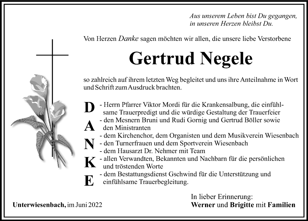  Traueranzeige für Gertrud Negele vom 14.06.2022 aus Mittelschwäbische Nachrichten