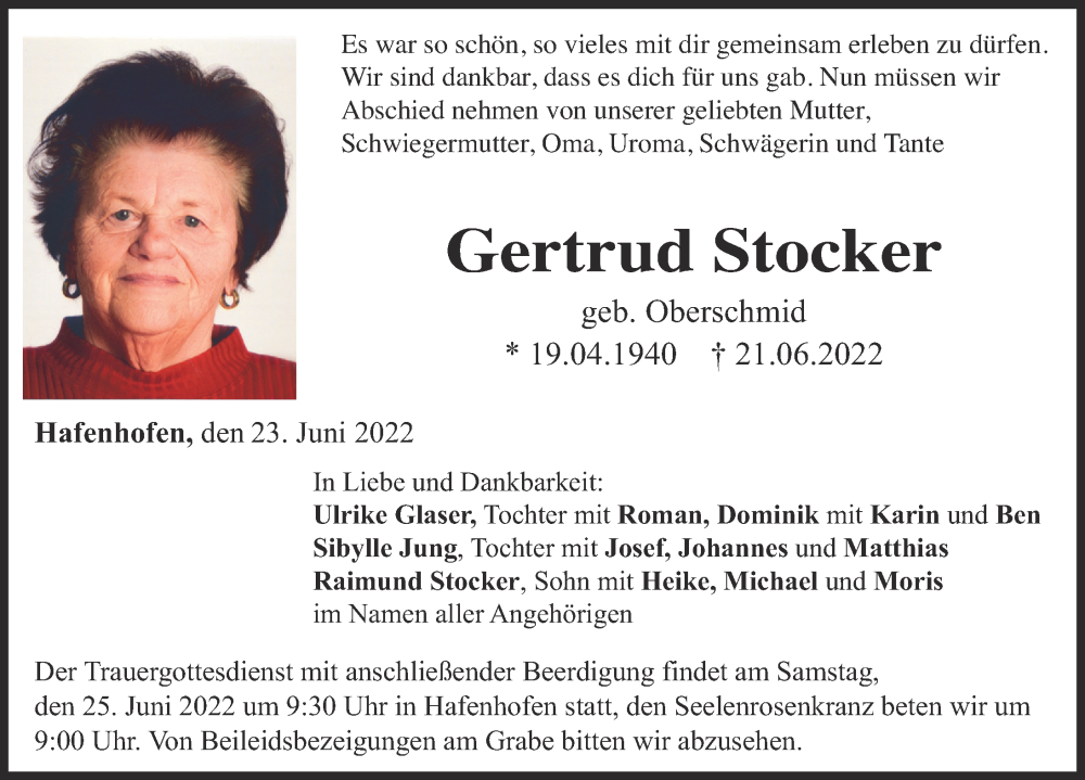  Traueranzeige für Gertrud Stocker vom 23.06.2022 aus Günzburger Zeitung