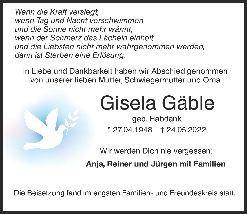 Traueranzeige von Gisela Gäble von Augsburger Allgemeine, Neu-Ulmer Zeitung