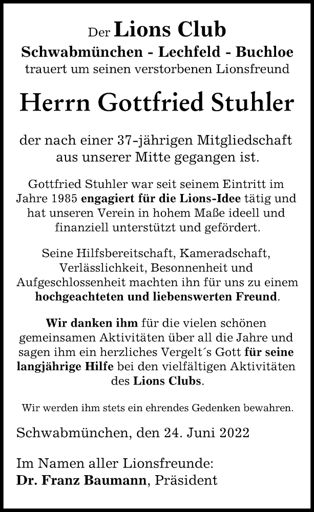  Traueranzeige für Gottfried Stuhler vom 24.06.2022 aus Schwabmünchner Allgemeine
