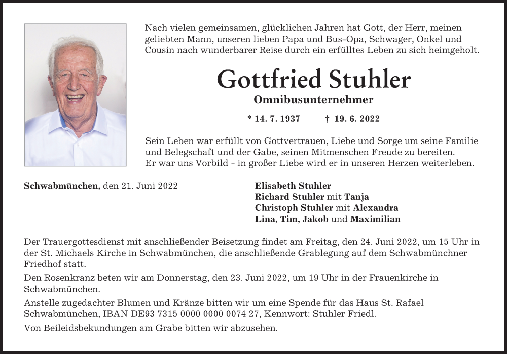  Traueranzeige für Gottfried Stuhler vom 21.06.2022 aus Schwabmünchner Allgemeine