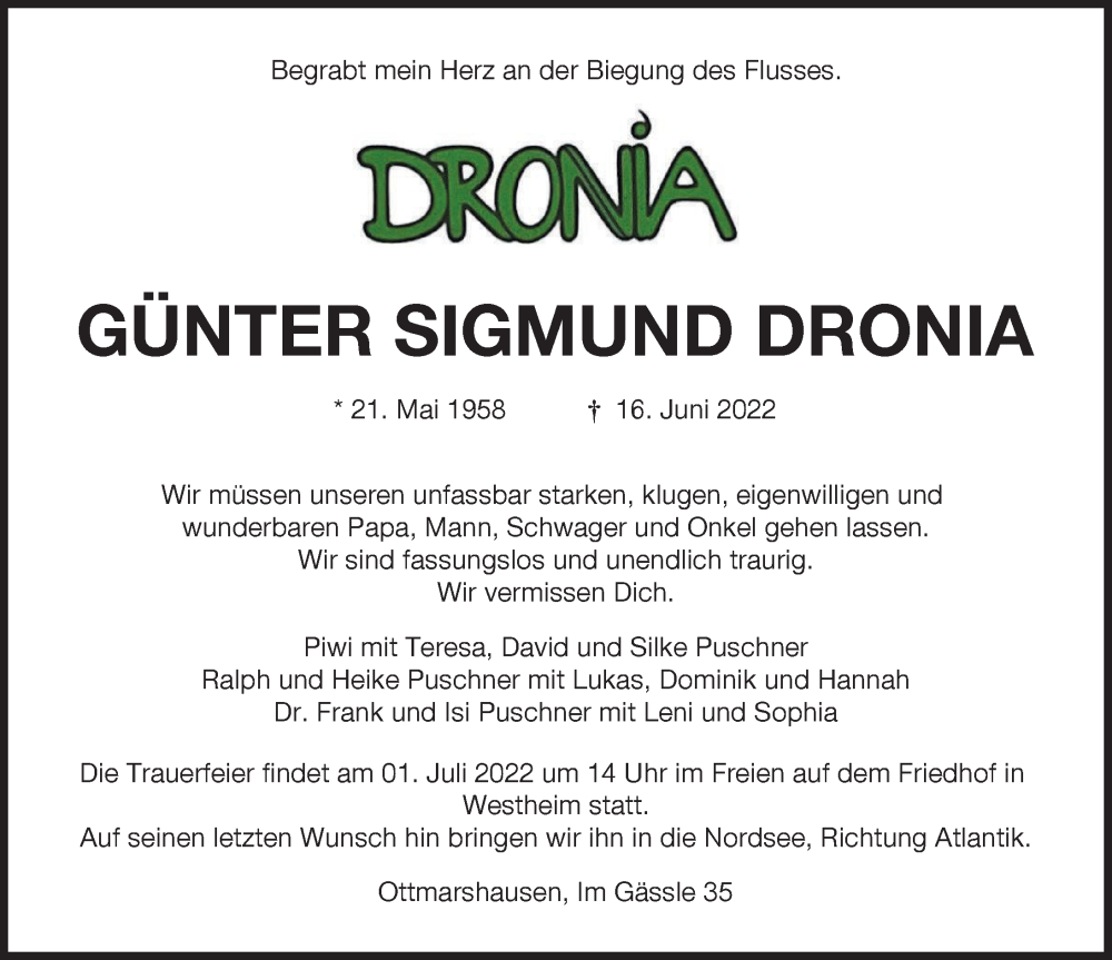  Traueranzeige für Günter Sigmund Dronia vom 25.06.2022 aus Augsburger Allgemeine