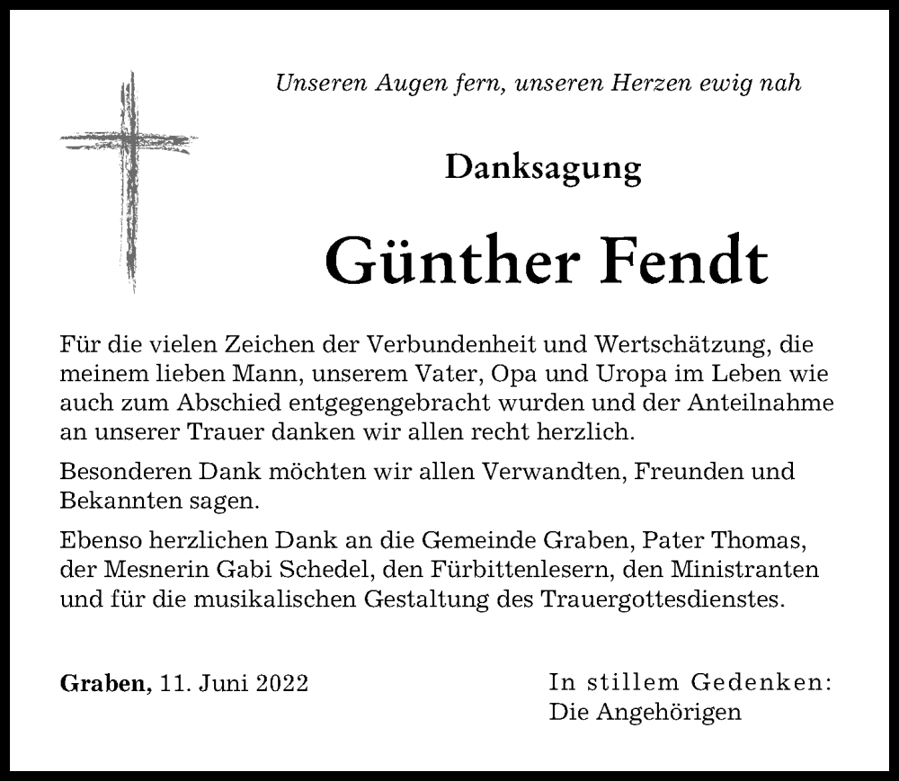 Traueranzeige von Günther Fendt von Schwabmünchner Allgemeine