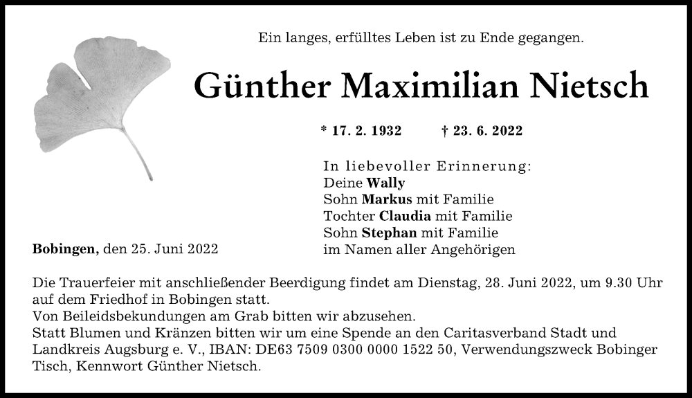  Traueranzeige für Günther Maximilian Nietsch vom 25.06.2022 aus Schwabmünchner Allgemeine