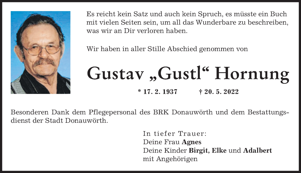 Traueranzeige von Gustav Hornung von Donauwörther Zeitung