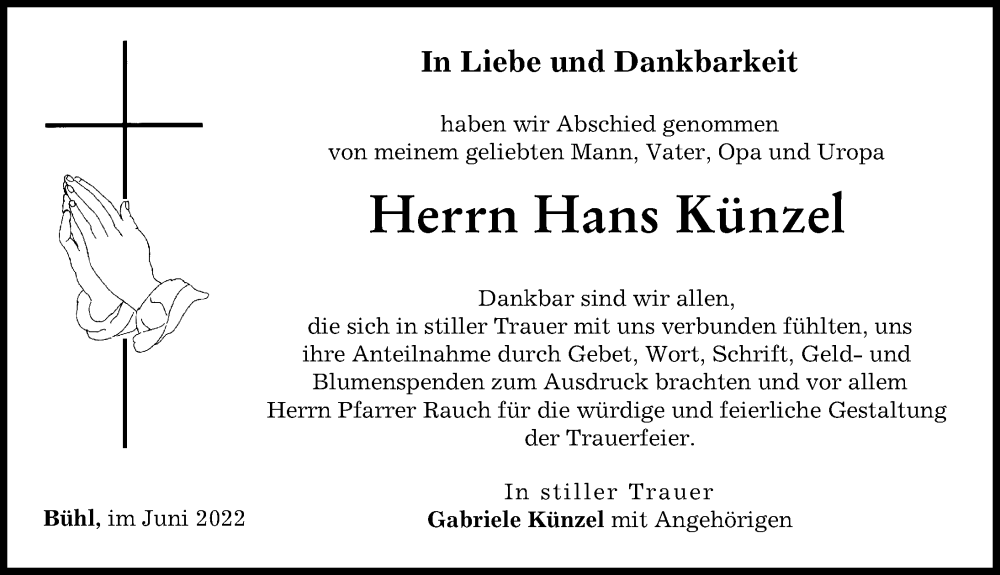 Traueranzeige von Hans Künzel von Günzburger Zeitung
