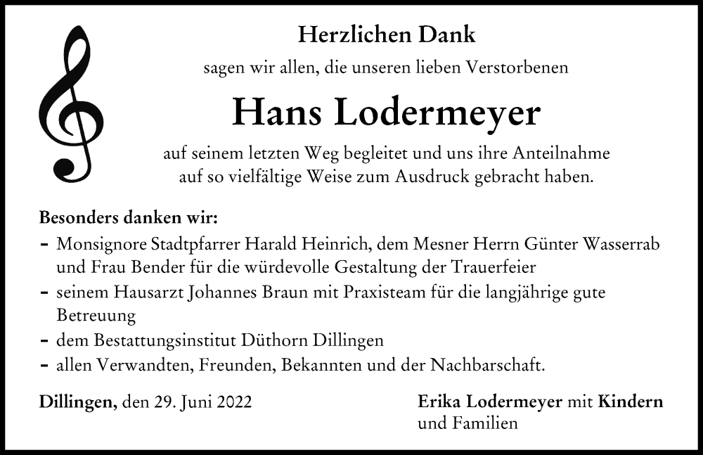 Traueranzeige von Hans Lodermeyer von Donau Zeitung