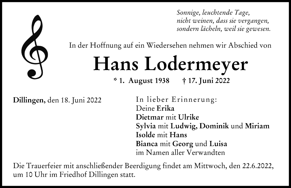 Traueranzeige von Hans Lodermeyer von Donau Zeitung