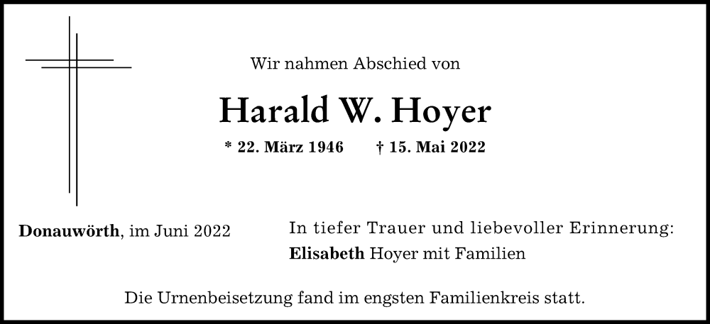 Traueranzeige von Harald W. Hoyer von Donauwörther Zeitung